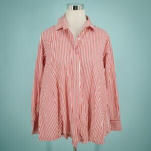 Comfy USA Size Medium M Red Stripe Print Button Long Sleeve A Line Swing Top